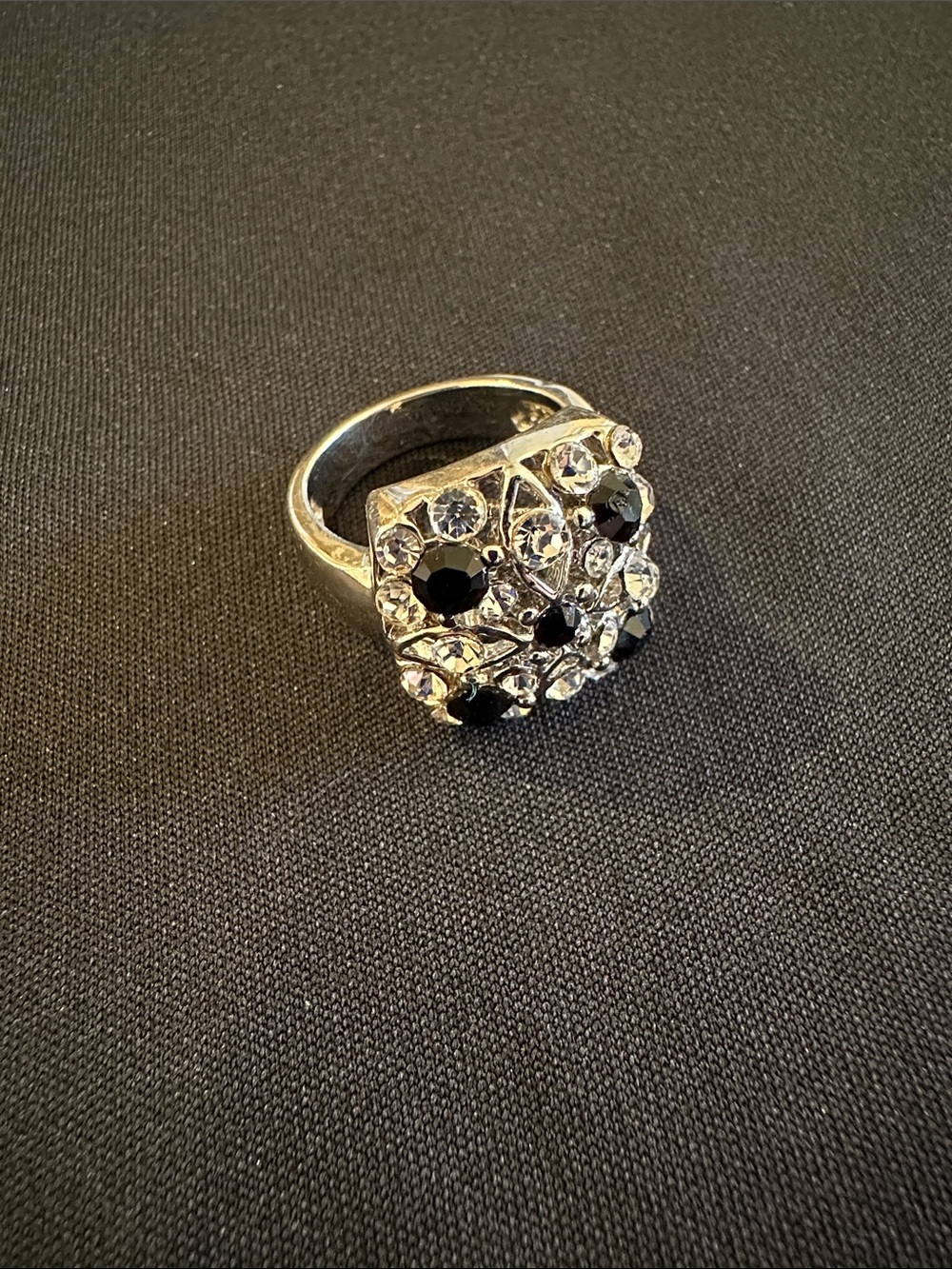Crystal Cluster Silver Ring with Black and Clear Stones
